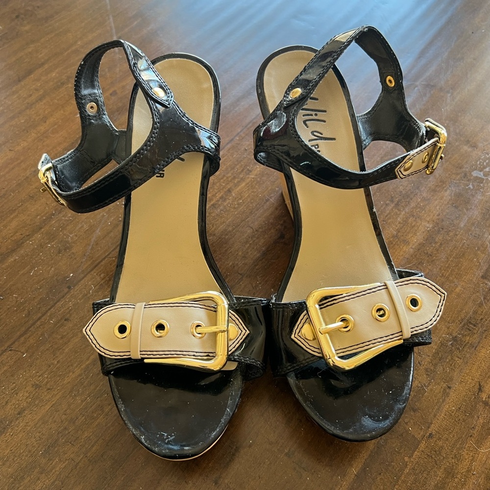 Wild Pair Black and Gold Sandals with Stiletto Heel